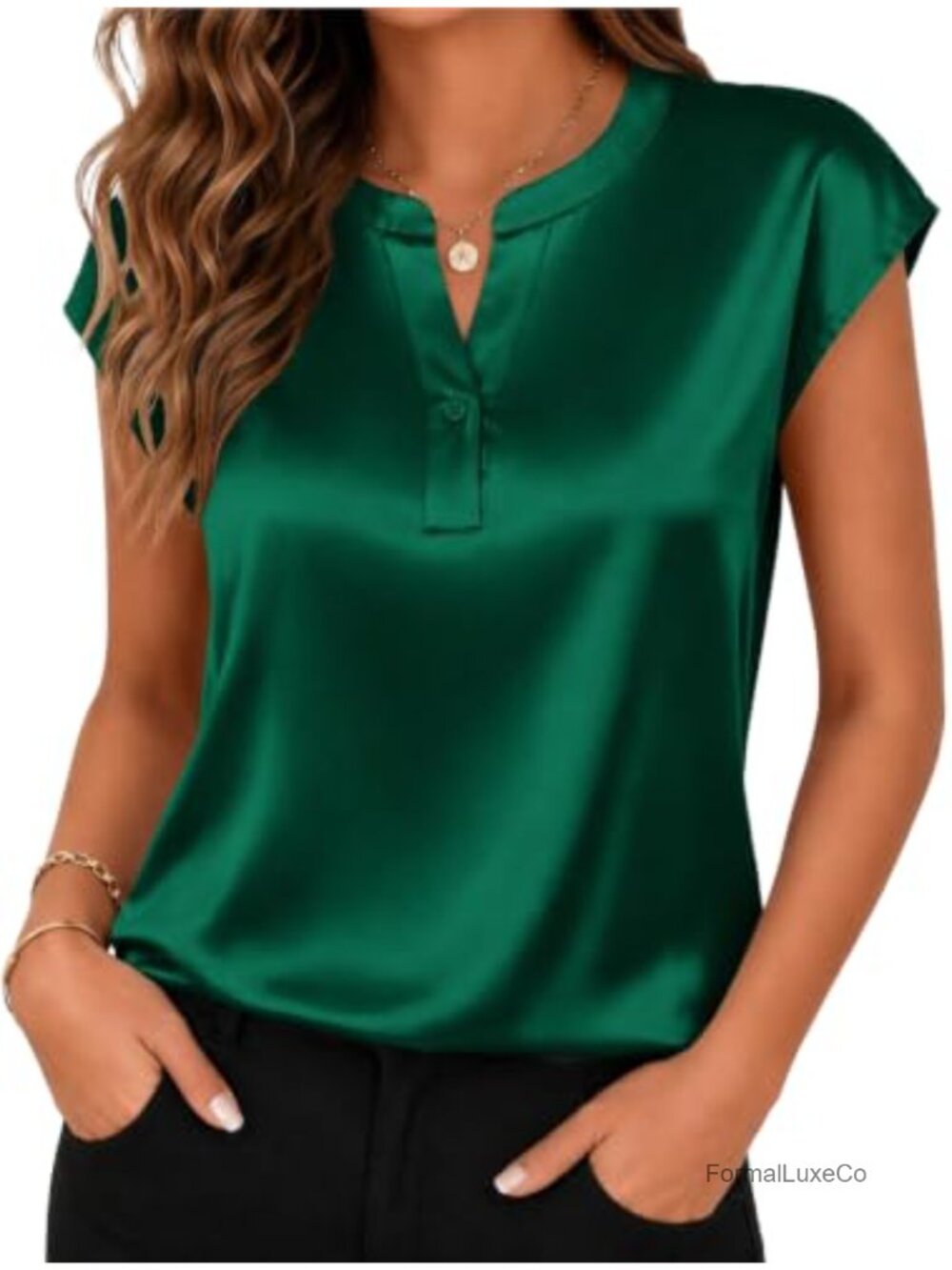 Satin Blouse V Neck Cap Sleeve Business Casual Top